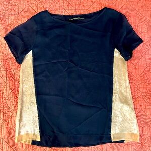ALL SAINTS Madison Tee, navy viscose short sleeved blouse with sequins, size 8